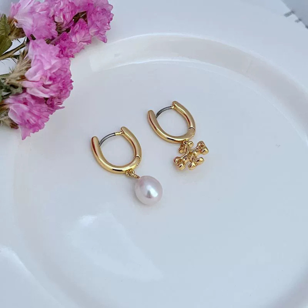 Tory Burch Freshwater Pearl Letter Asymmetrical Metal Earrings